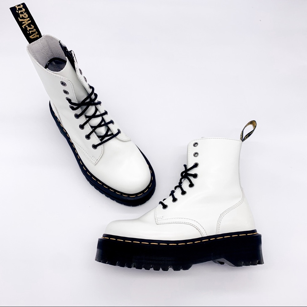 Dr. Martens Jadon Boots Platform Chunky White Leather Combat Shoes, Size 8